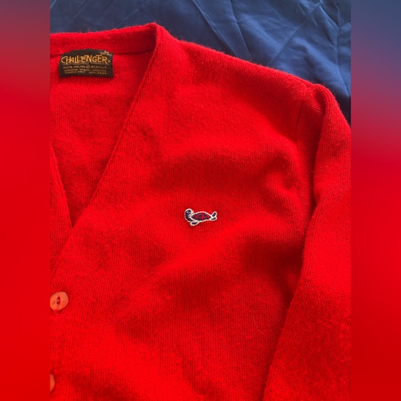 Vtg 60s 70s Sweater TURTLE Logo Red Mid Century Cardigan Challenger MENS M - Picture 3 of 8